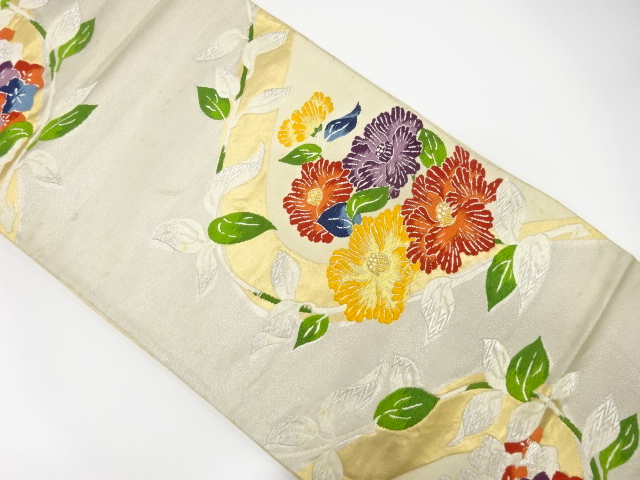 JAPANESE KIMONO / ANTIQUE FUKURO OBI / SILK / WOVEN CAMELLIA